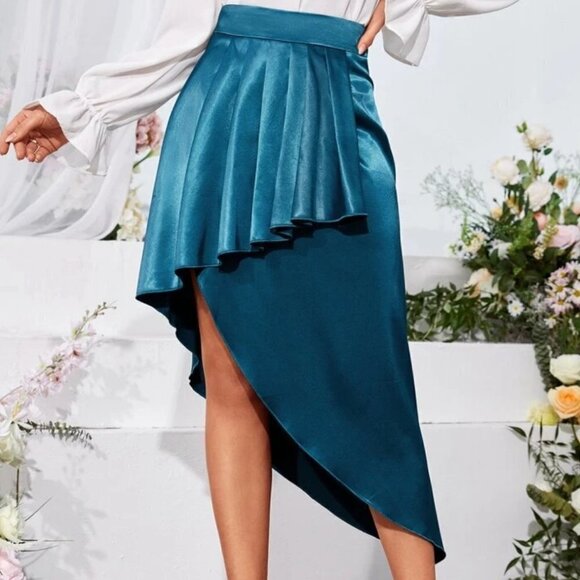 SHEIN Dresses & Skirts - Shein Teal Unity Ruffle Trim Asymmetrical Hem Satin Skirt, Size Large